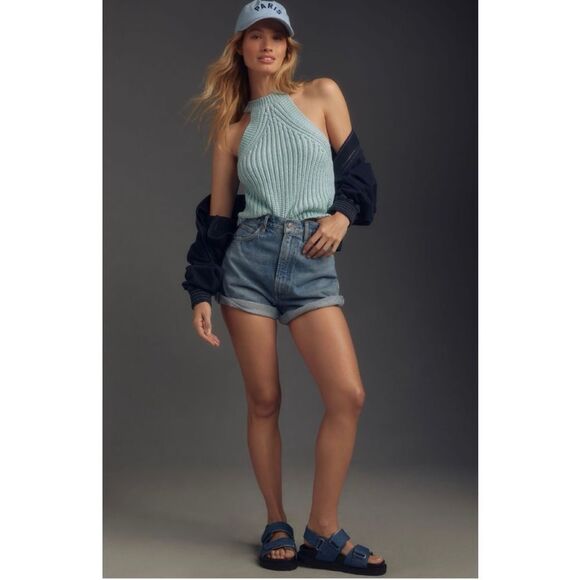 NEW By Anthropologie Blue Halter Chunky Knit Sweater Tank Top Blouse Medium - Picture 3 of 4